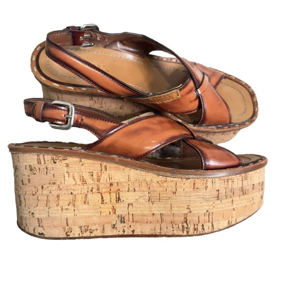 PRADA criss cross Brown wedge cork sandals Platforms Heels size 39 - Picture 1 of 12
